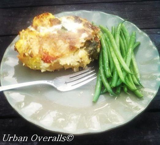 summer meal with savory bread pudding