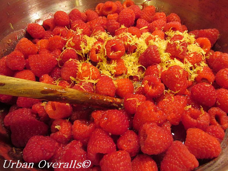 raspberries & lemon zest in preserving pan